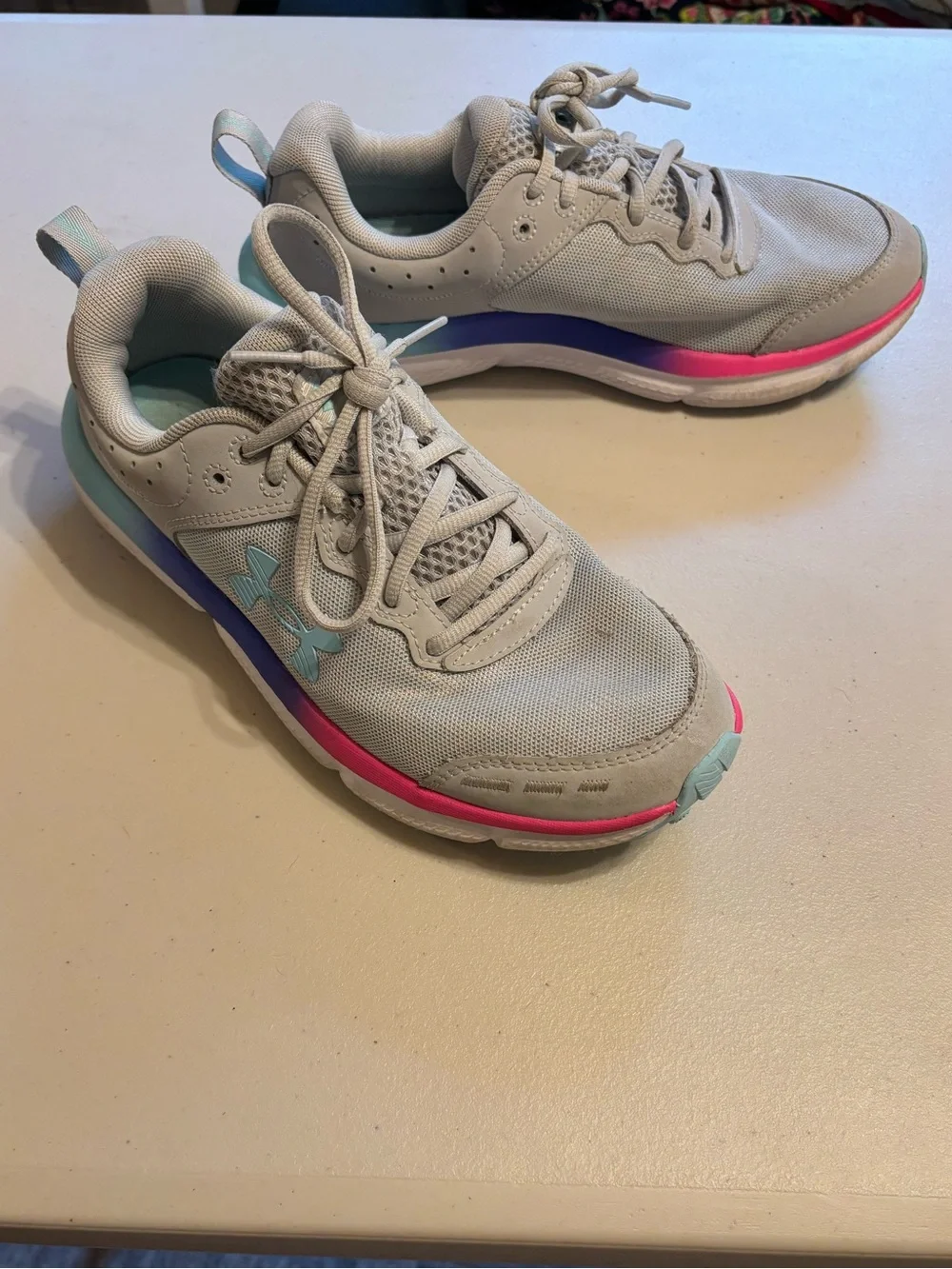 Under Armour Girls Cream Sneakers with Pink and Light Blue Accents